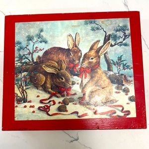 Vintage wooden red box with Bunny family winter scene wearing red scarfs